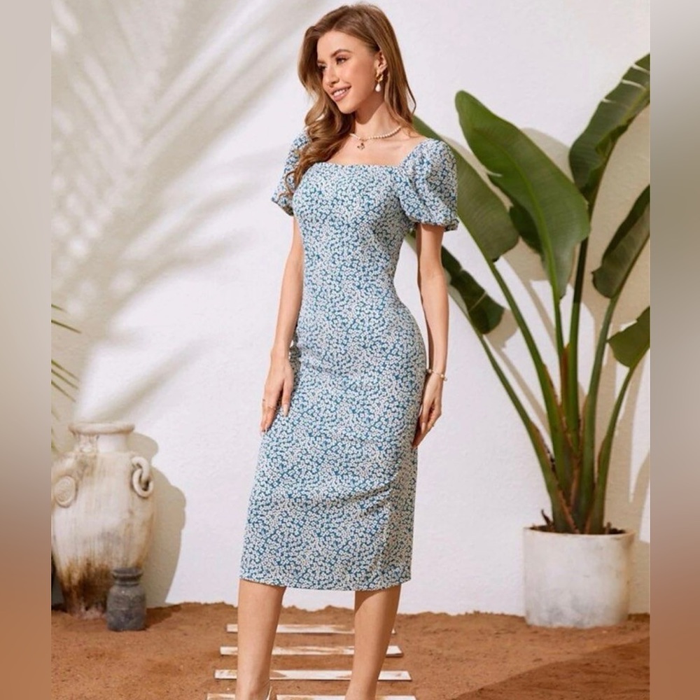 NWOT Blue Floral Midi Dress, Size M/6